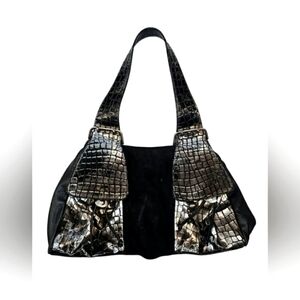 RARE Vintage Due Fratelli Black & Silver Suede Croc Embossed Shoulder Bag Purse